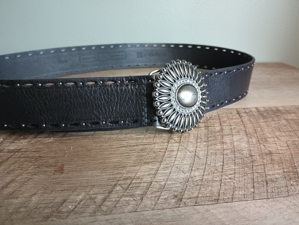 Fossil Leather Western Buckle Belt Womens M Southwestern Dark Bohemian Rustic